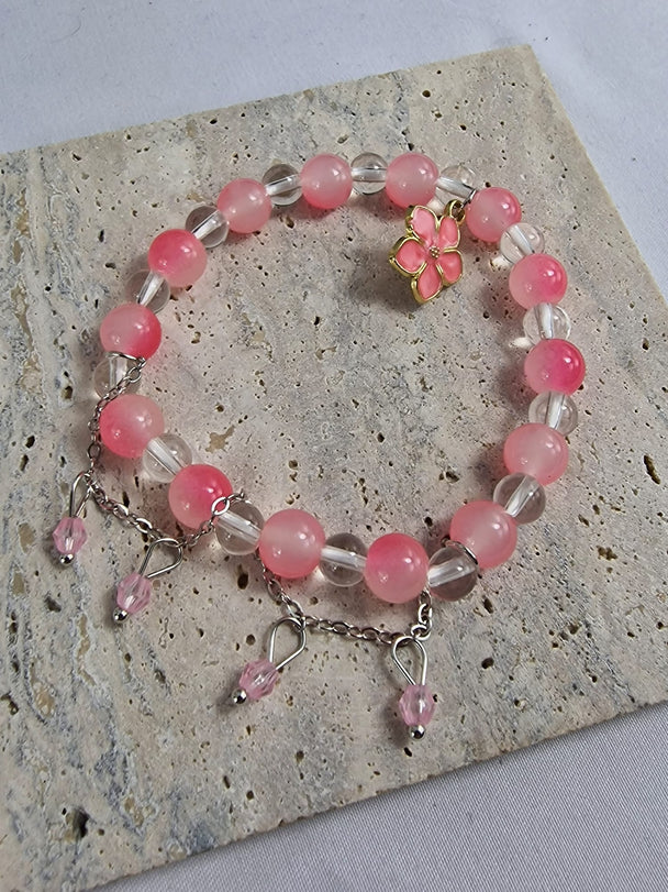 Kristallen Dames Armband Roze met Bloem Bedel - Rozenkwarts