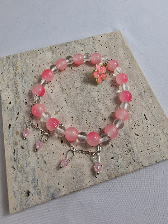 Kristallen Dames Armband Roze met Bloem Bedel - Rozenkwarts