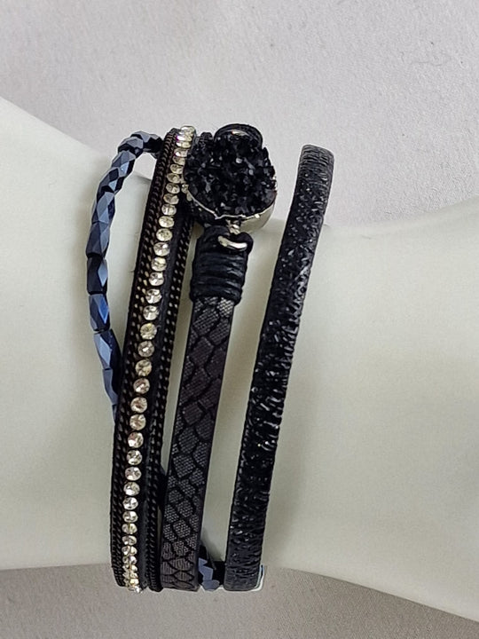 Boho Leren Dames Armband - Zwart met Hart Kristalsteen