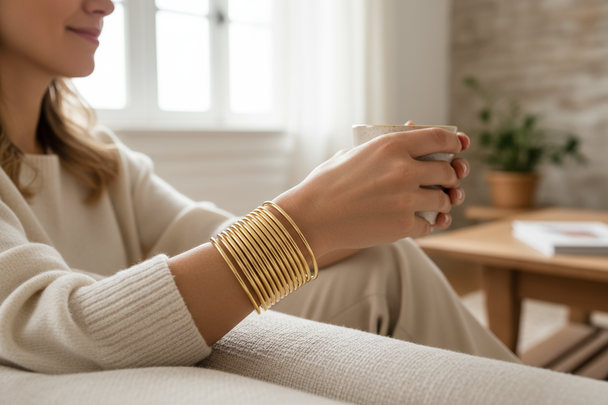 Lifestyle foto 10-delige gouden armbandenset