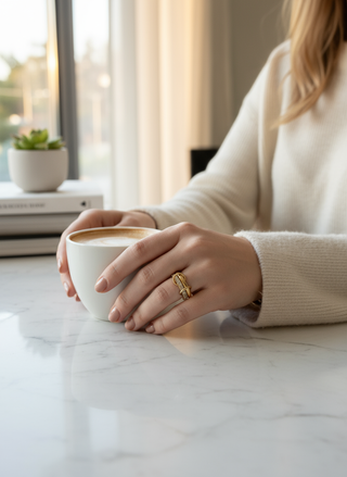 Lifestyle foto gouden gevlochten ring