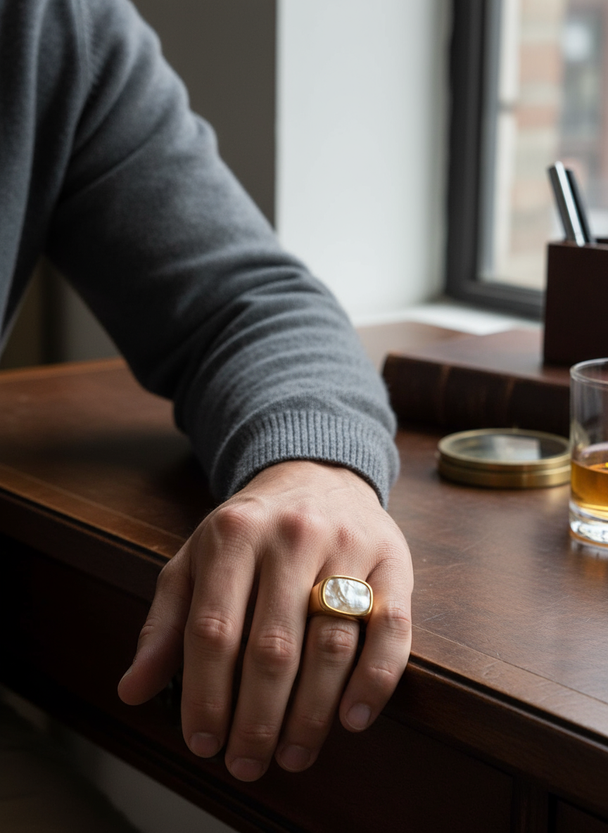 Lifestyle foto gouden herenring met parelmoer