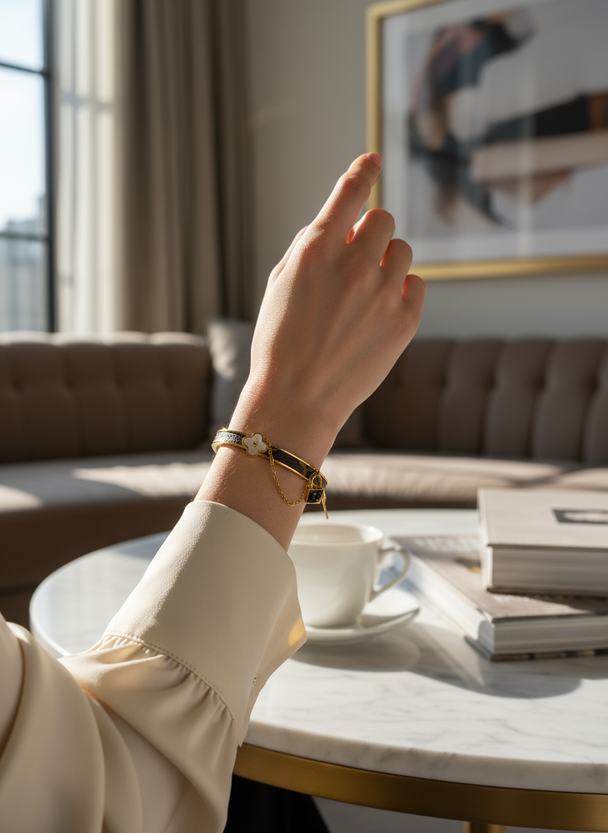 Lifestyle foto gouden klavertje armband
