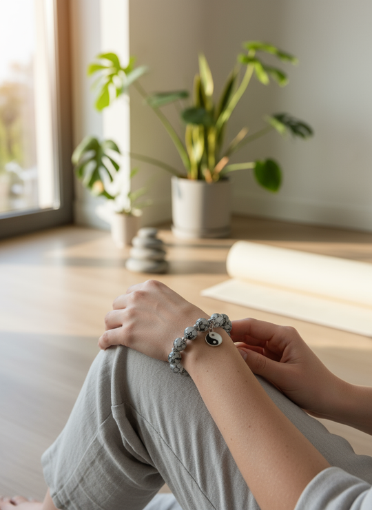 Lifestyle foto grijze kristallen armband