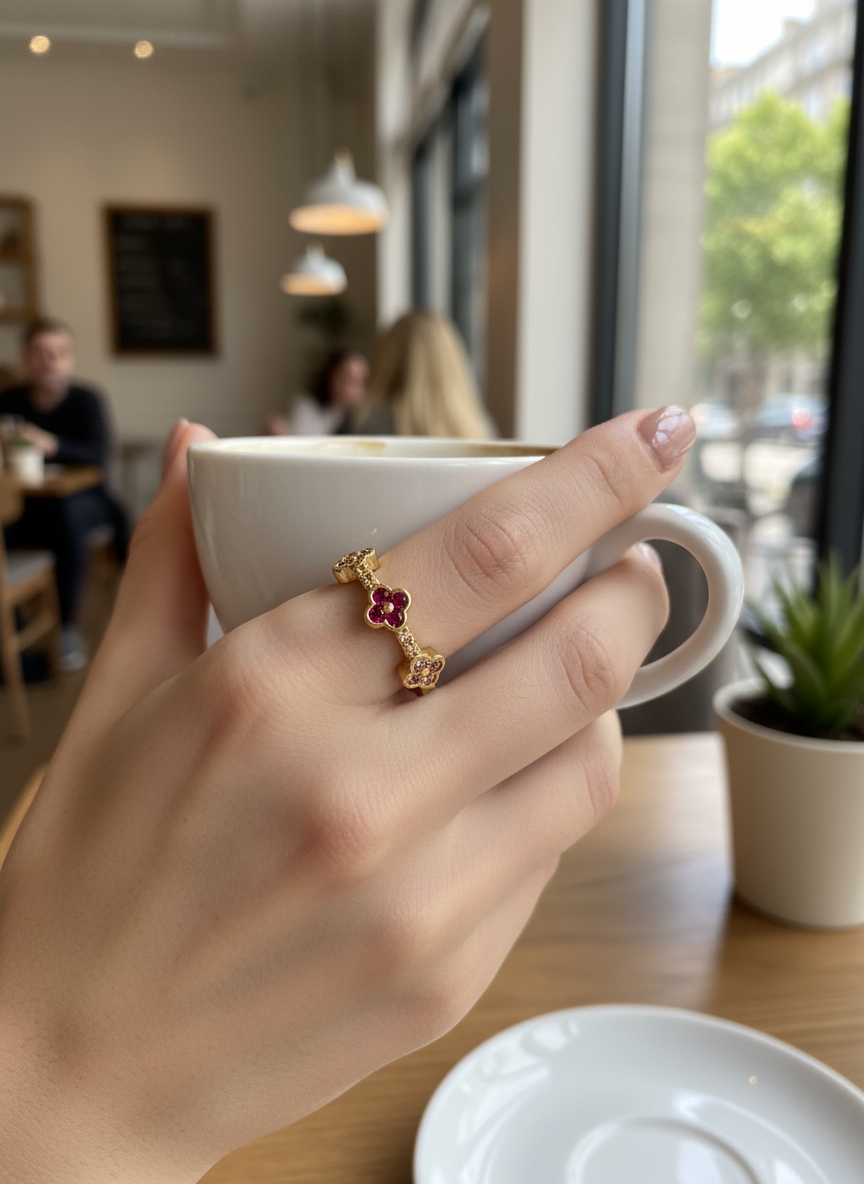 Lifestyle foto hand met ring en koffie