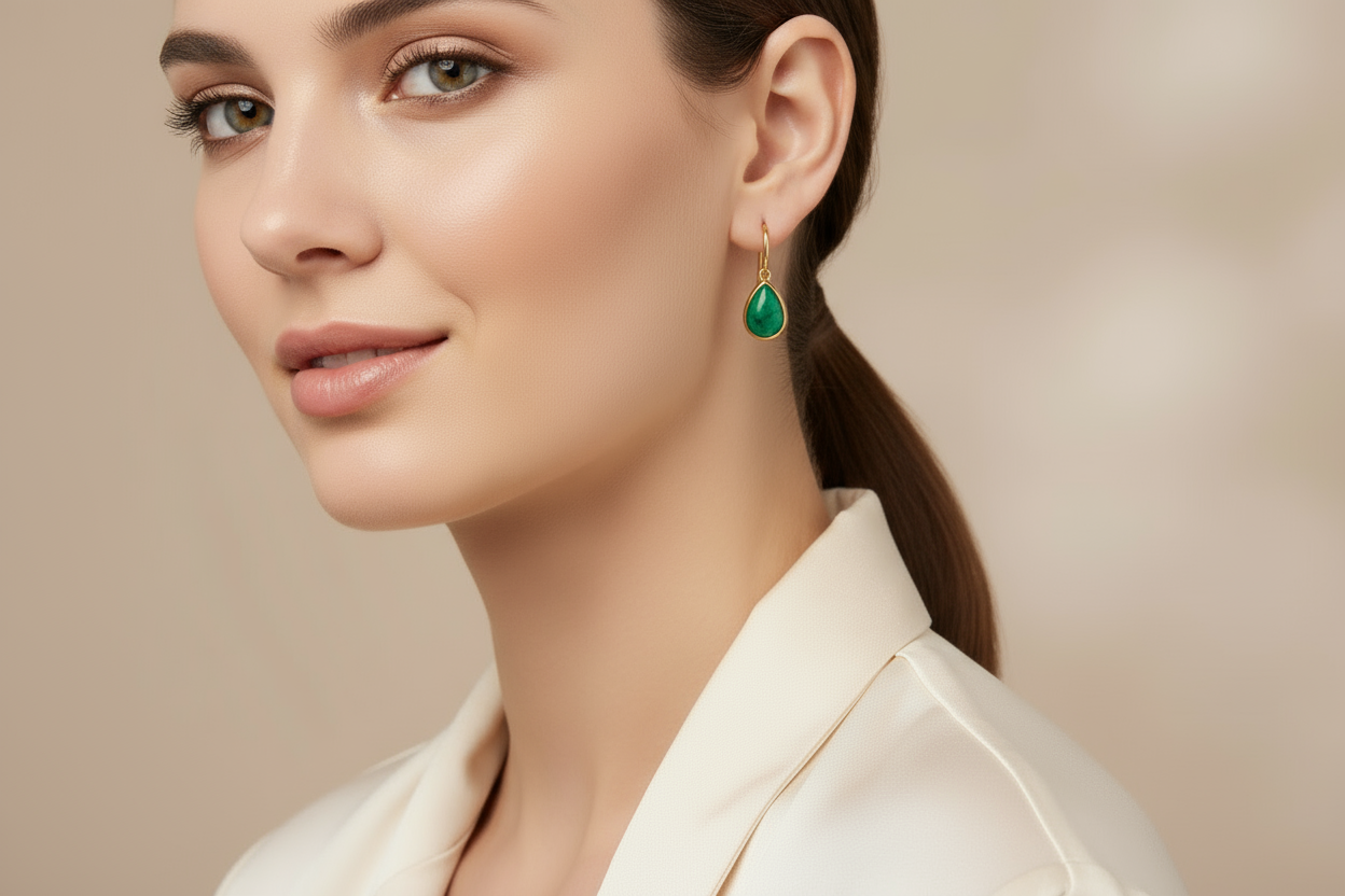 Lifestyle foto kleine groene druppel oorhangers