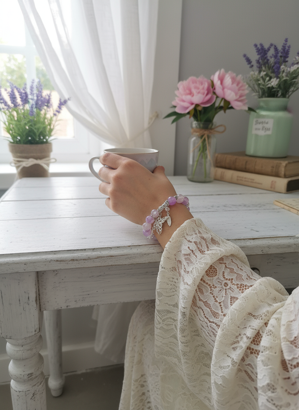 Lifestyle foto paarse kristallen armband