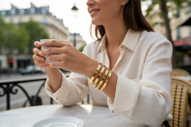 Lifestyle foto - Set van 4 vlakke goudkleurige armbanden
