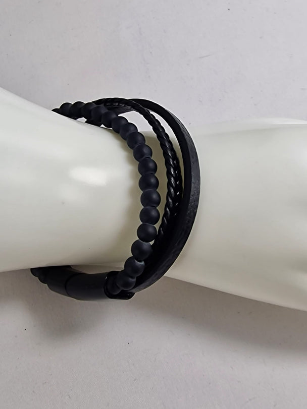 Heren Armband Zwart Leer en Matte Kralen - 21cm
