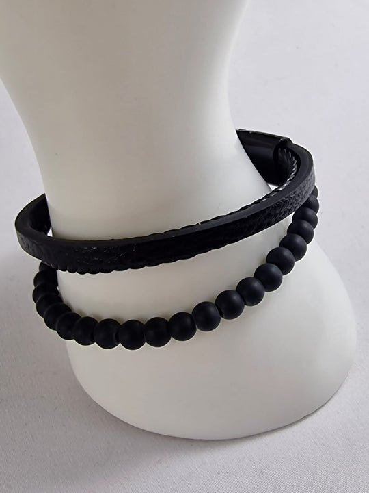 Heren Armband Zwart Leer en Matte Kralen - 21cm