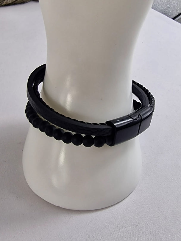Heren Armband Zwart Leer en Matte Kralen - 21cm