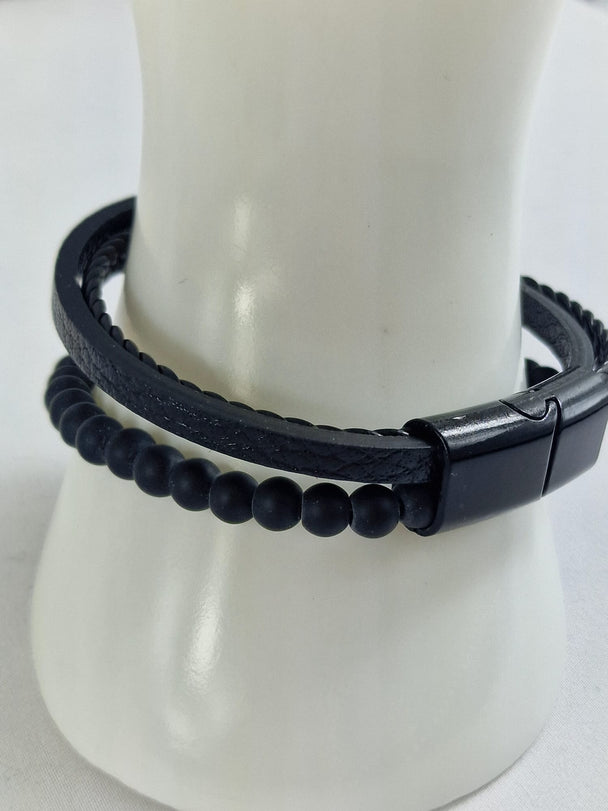 Heren Armband Zwart Leer en Matte Kralen - 21cm