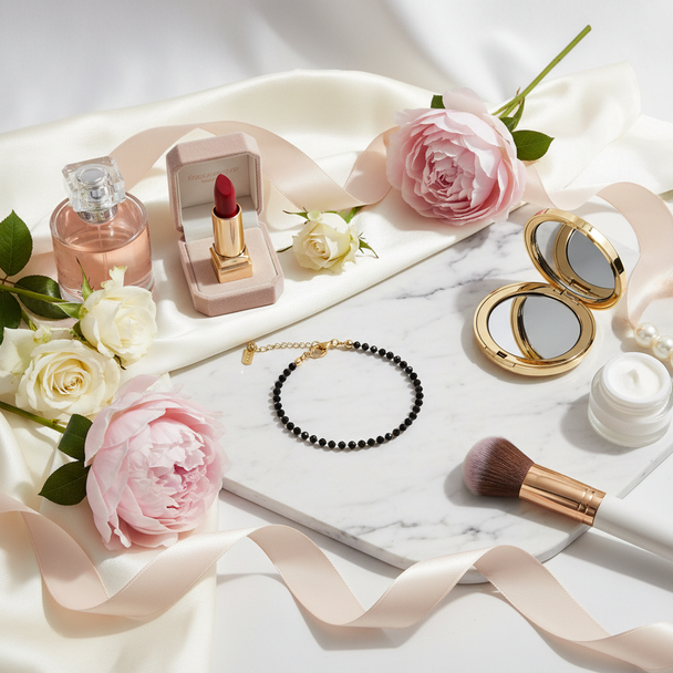 Met luxe elementen - satijn, bloemen, parfum, makeup