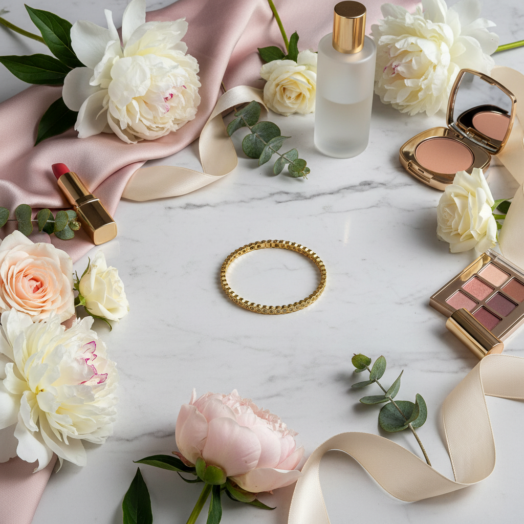 Met luxe elementen - satijn, bloemen, parfum, makeup