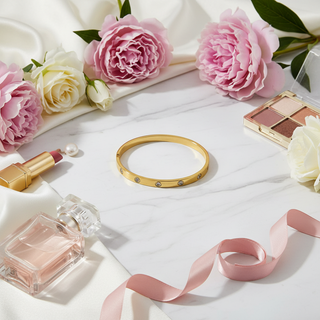 Met luxe elementen - satijn, bloemen, parfum, makeup