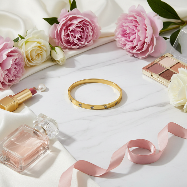 Met luxe elementen - satijn, bloemen, parfum, makeup