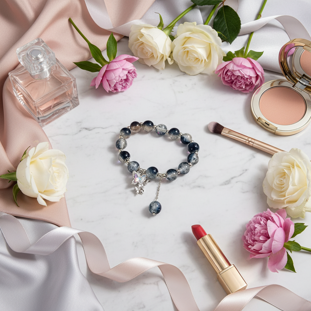 Met luxe elementen - satijn, bloemen, parfum, makeup