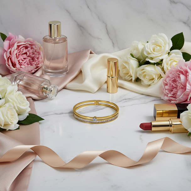 Met luxe elementen - satijn, bloemen, parfum, makeup