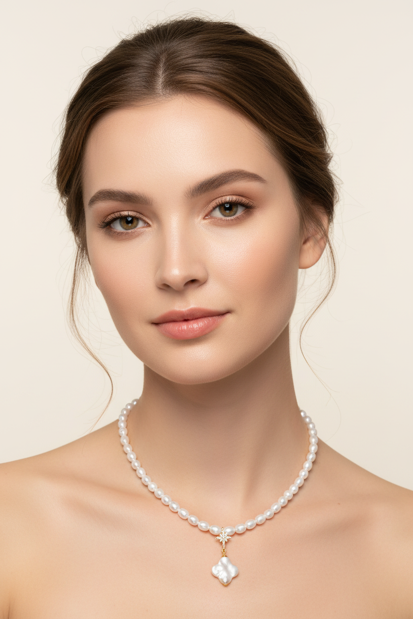 Model draagt zoetwaterparel ketting