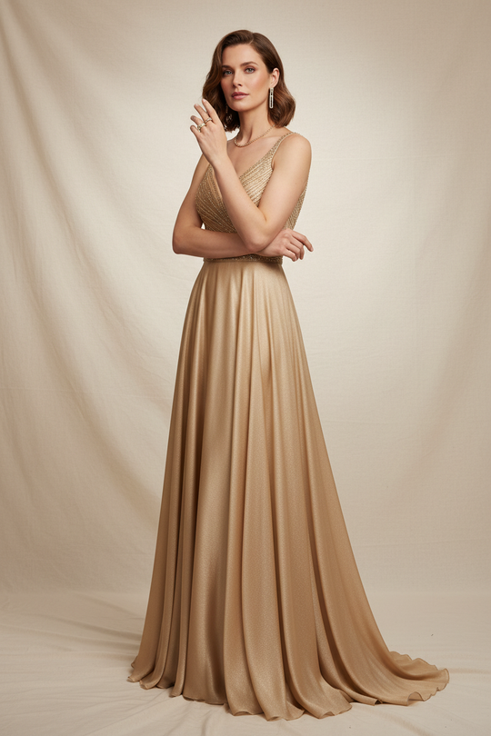 Model in galajurk met baguette ring