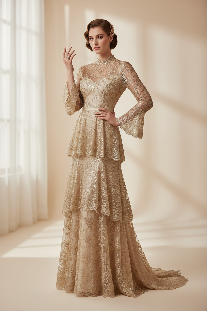 Model in vintage outfit met ring