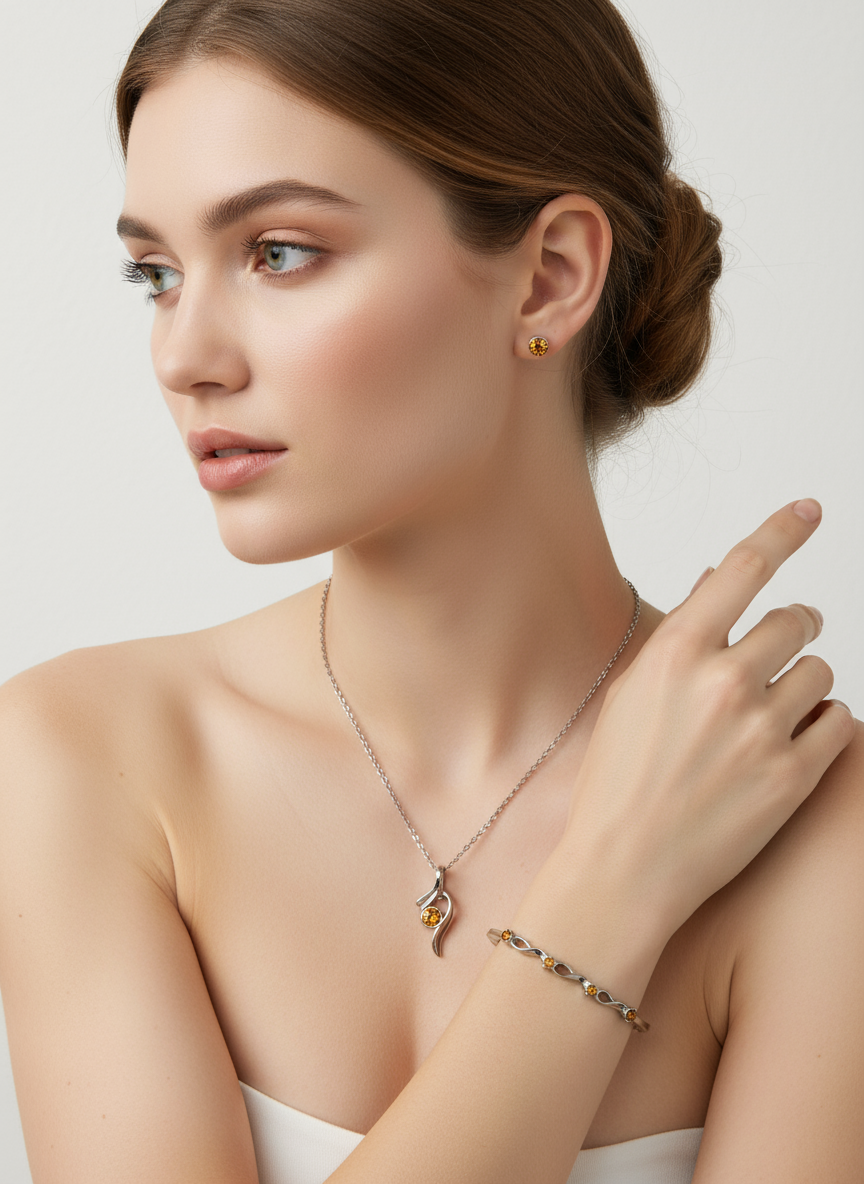 Model met complete citrien sieraden set