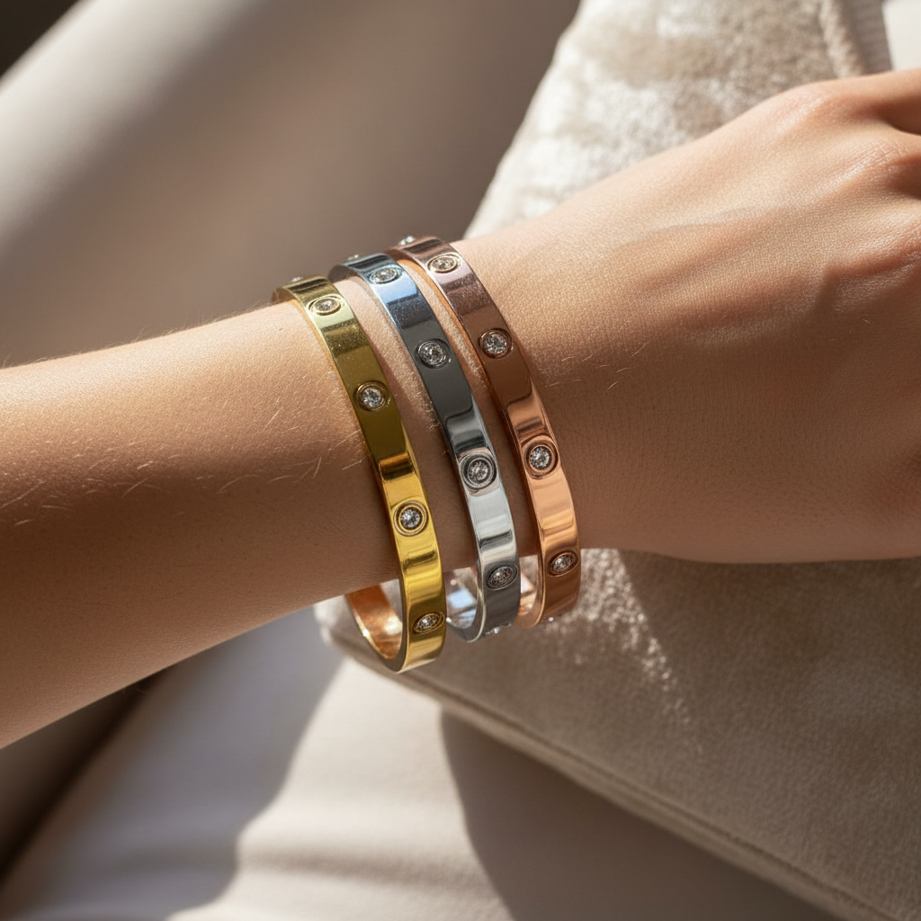 Model met goud, rosé goud en zilver