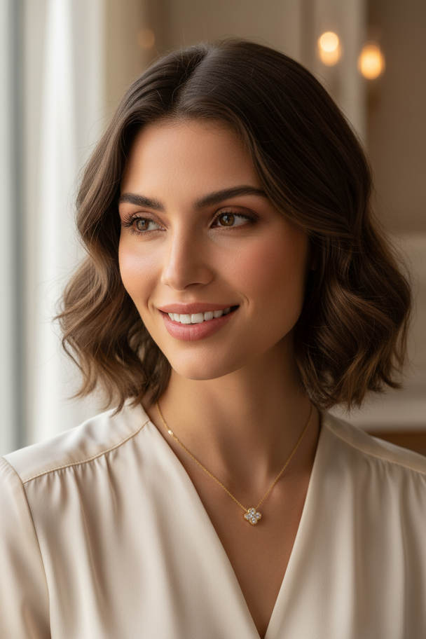 Model met gouden bloemen ketting