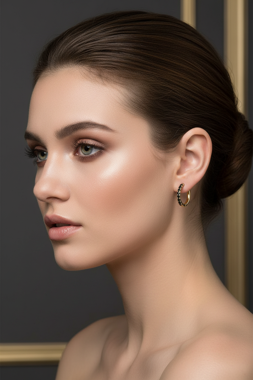 Model met zwarte zirkonia creolen - glamoureus