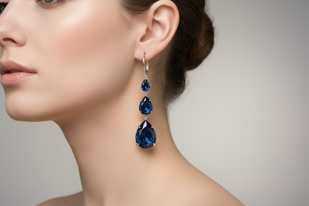 Modelfoto oorhangers met Franse haakjes en donkerblauwe druppelstenen