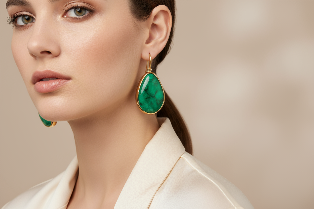 Modelfoto oorhangers met groene druppelsteen