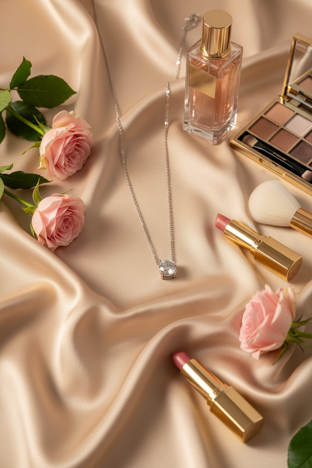 Moissaniet Ketting op Satijn met Rozen