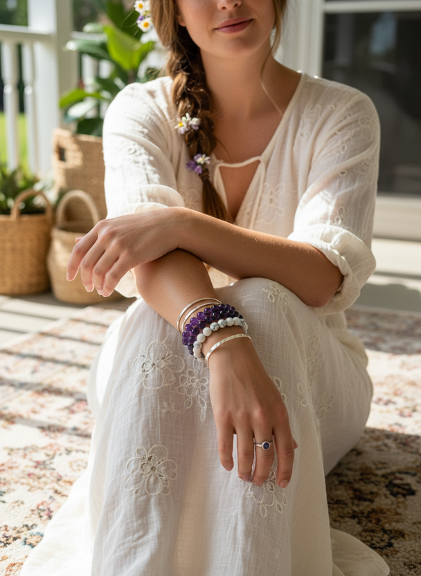 Natuursteen armbanden dames - paars en wit