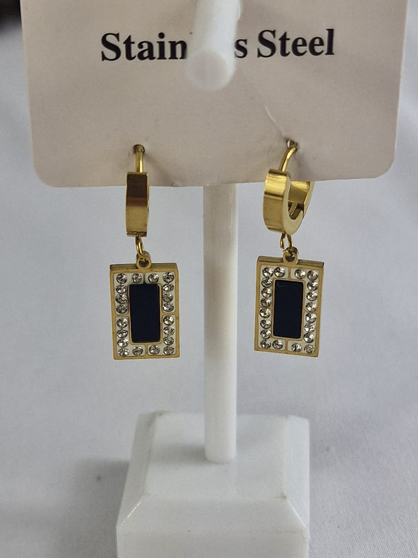 Hang Oorbellen met zwart en witte Zirkonia steen - 18K Verguld - Wit & Zwart