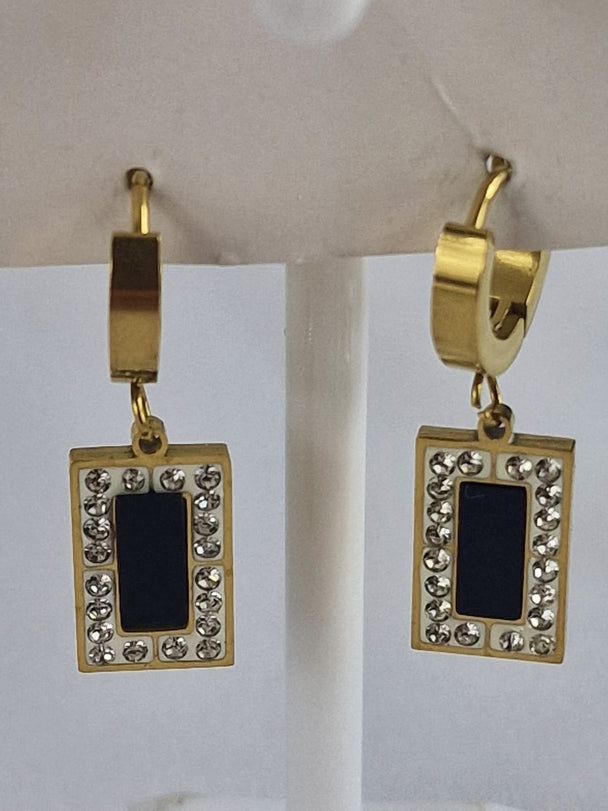 Hang Oorbellen met zwart en witte Zirkonia steen - 18K Verguld - Wit & Zwart