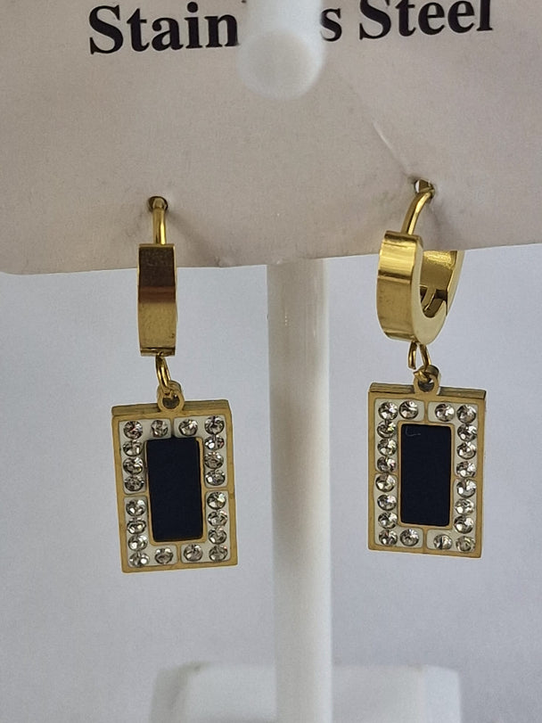 Hang Oorbellen met zwart en witte Zirkonia steen - 18K Verguld - Wit & Zwart