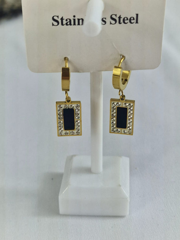 Hang Oorbellen met zwart en witte Zirkonia steen - 18K Verguld - Wit & Zwart