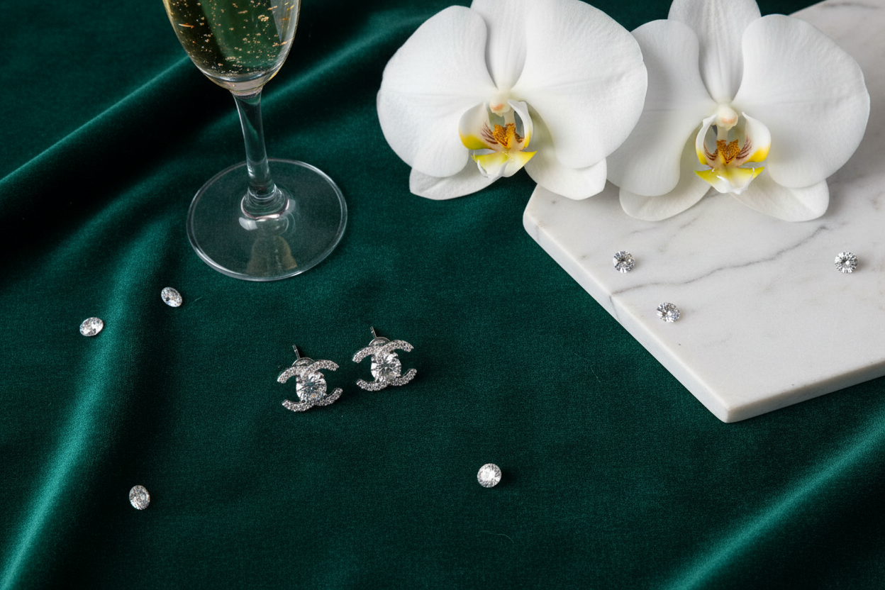 Oorknopjes moissanite luxe styling - donkergroen fluweel, orchideeën en champagne