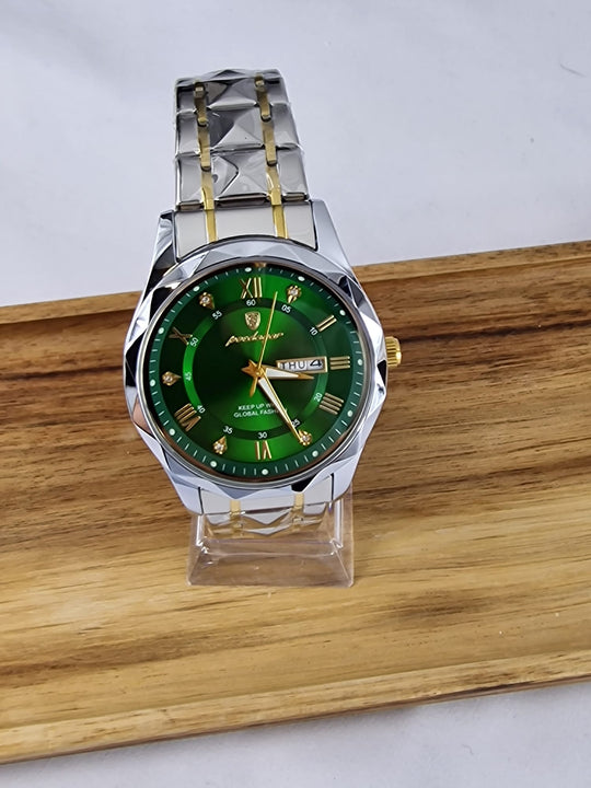 Luxe Herenhorloge Paodagar - Zilver & Goud met Groene Wijzerplaat