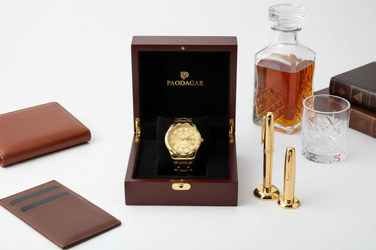 Paodagar gouden herenhorloge in luxe doos met leer en gouden accenten
