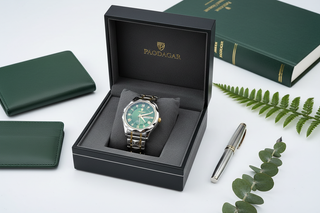Paodagar herenhorloge in luxe doos met leer en groene accenten