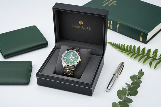 Paodagar herenhorloge in luxe doos met leer en groene accenten