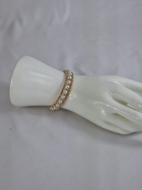 Nischenperlenarmband mit Bergkristall – goldfarben – elastisch