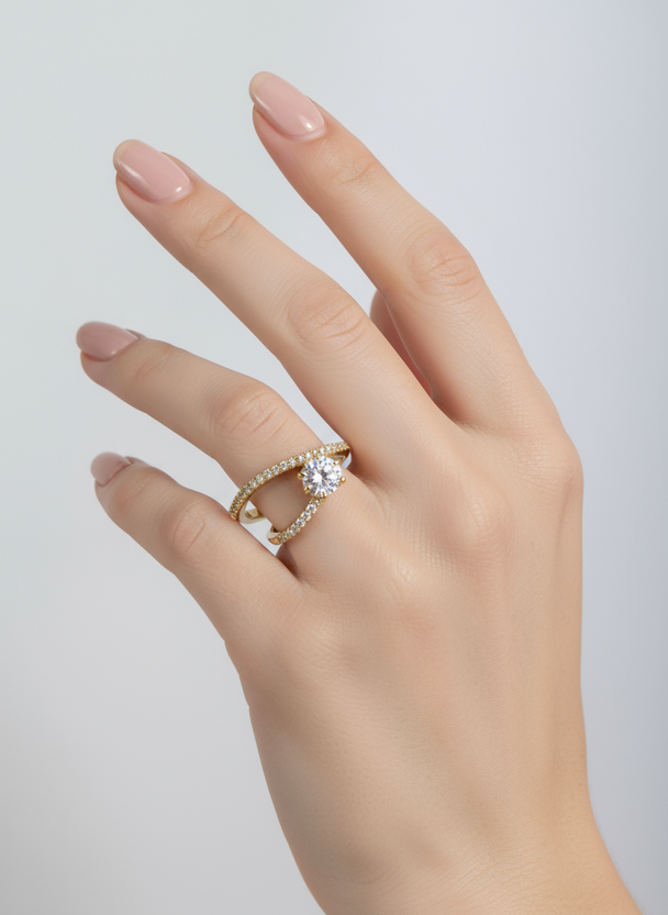 Professionele model foto gouden verlovingsring