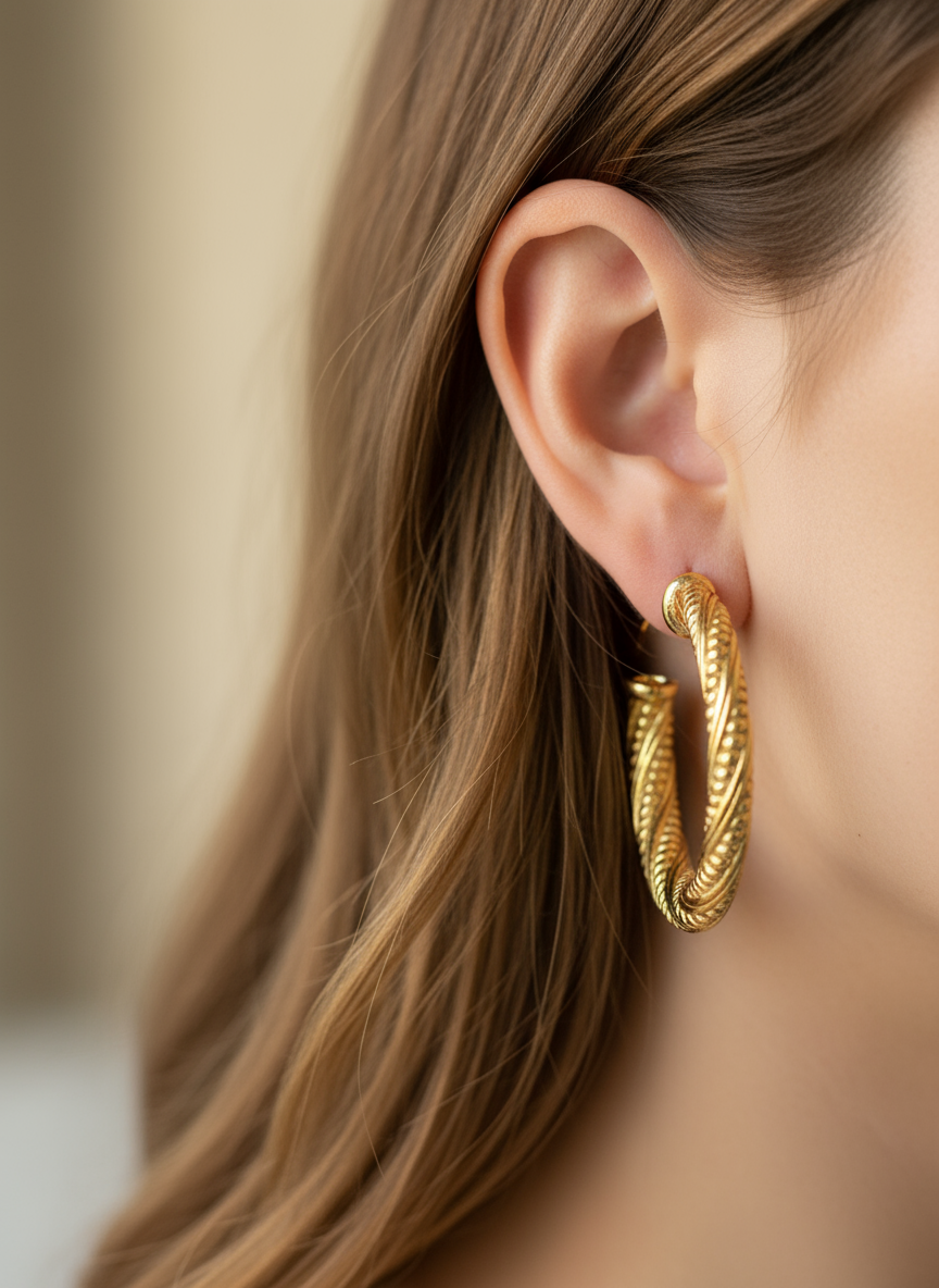 Retro criool hoops oorbellen close-up op model