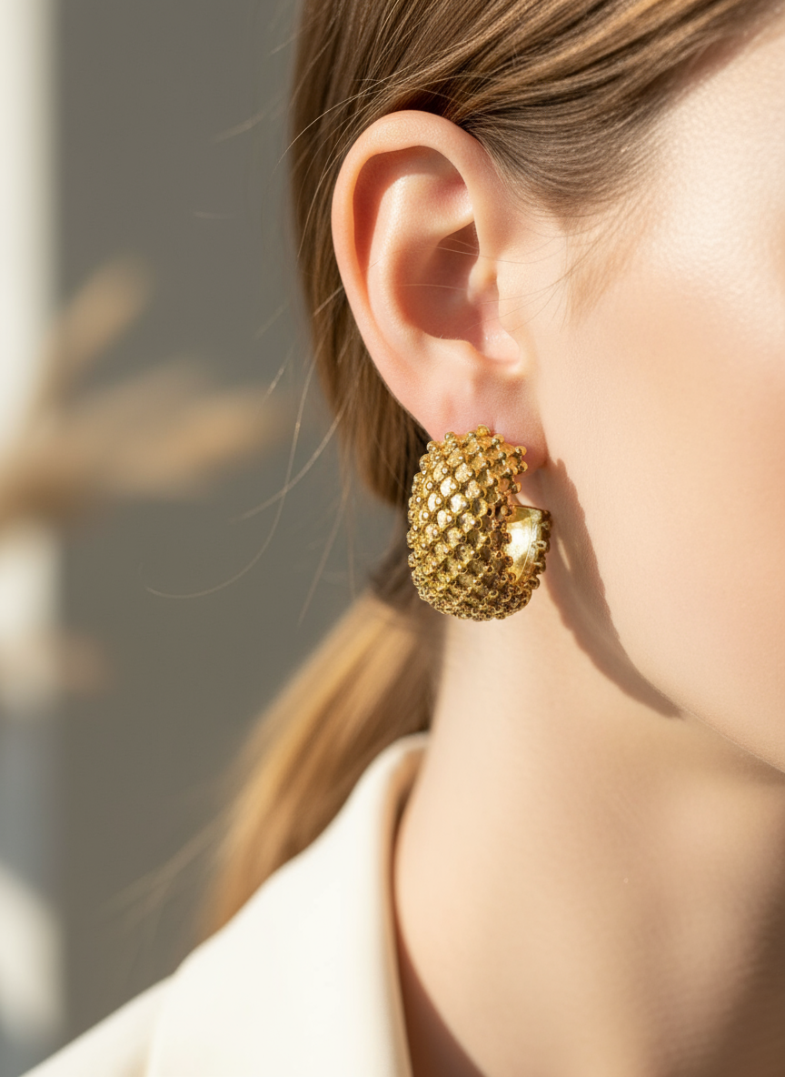 Retro ronde hoops oorbellen close-up op model