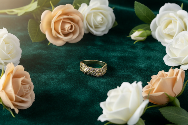 Ring luxe styling - groen fluweel met champagne en rozen