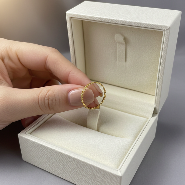 Ring op hand bij luxe doos