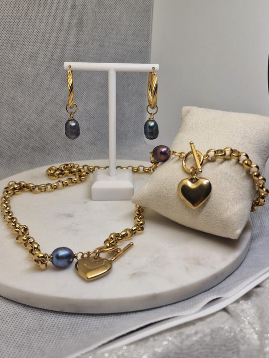 Hoogwaardige Sieradenset – 18k Verguld Roestvrij Staal – Collier, Armband & Oorbellen met Hart Hanger