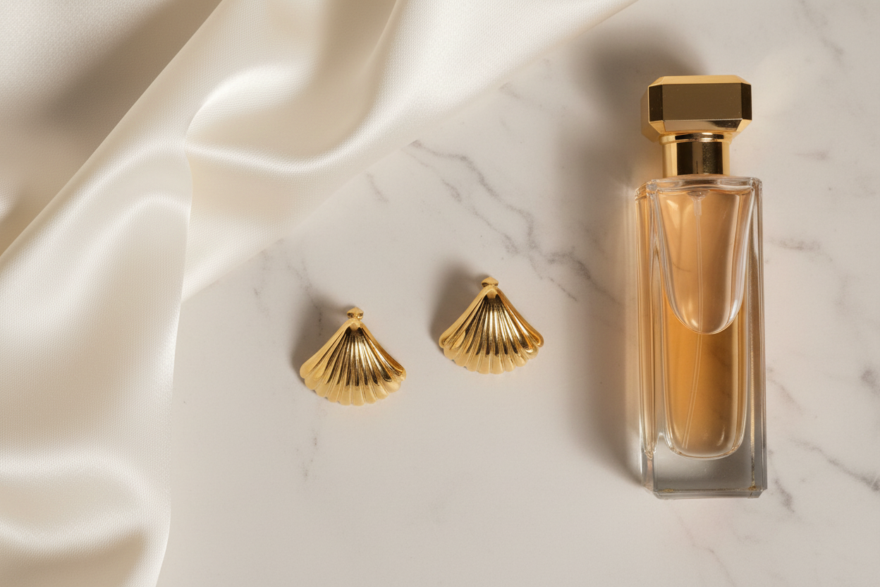 Schelp creolen op wit marmer met satijn en parfum - paar